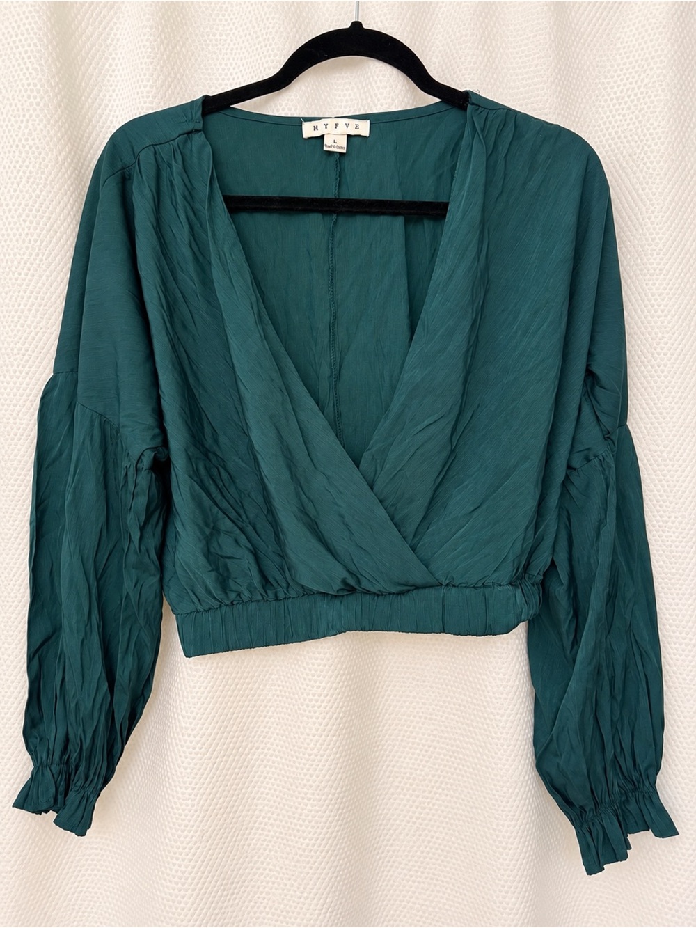 HYFVE Teal Wrap Surplice Long-Sleeve Cropped Blouse